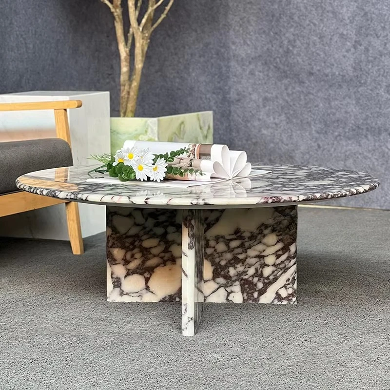 Modern Round Top White Marble Coffee Table Low T Shape Plinth Living Room  Natural Customized Calacatta Coffee Side Table
