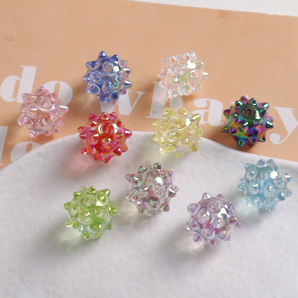 Summer style 100pcs/lot AB color print cartoon sea urchin shape resin straight holes beads diy jewelry earring accessory