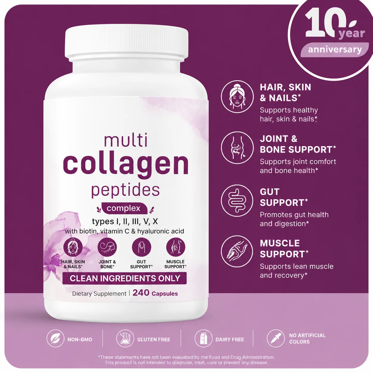 Premium Multi-Kollagen-Peptide – 5 Kollagentypen (240 Kapseln)