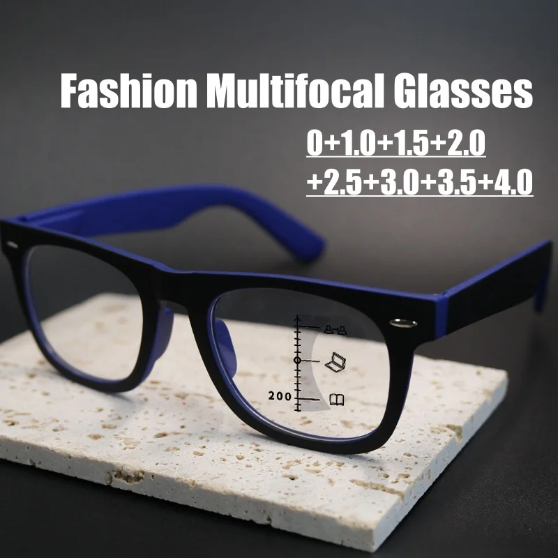 

Men Women Square Progressive Multifocal Reading Glasses Trendy Vintage HD Presbyopia Anti-blue Light Computer Eyewear 0+1.0+4.0