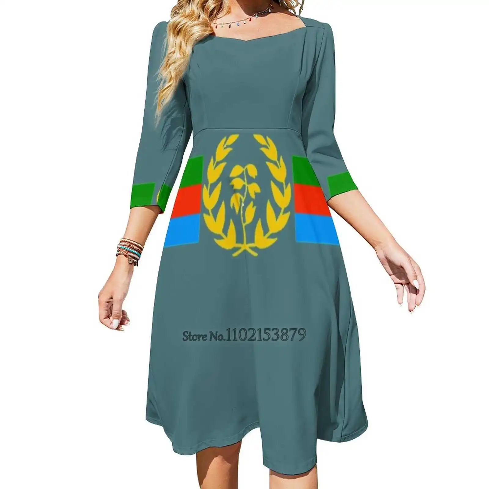 

Eritrean Flag - Eritrean Emblem & Eritrea Flag Shirt Back Lacing Backless Dress Square Neck New Plus Size Elegant Women Dress