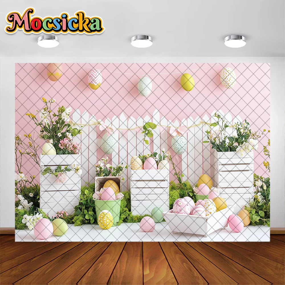 Mocsicka Photography Background Spring Easter Egg Pink Flowers Decoration Backdrop Children Holiday Portrait Photo Studio Props