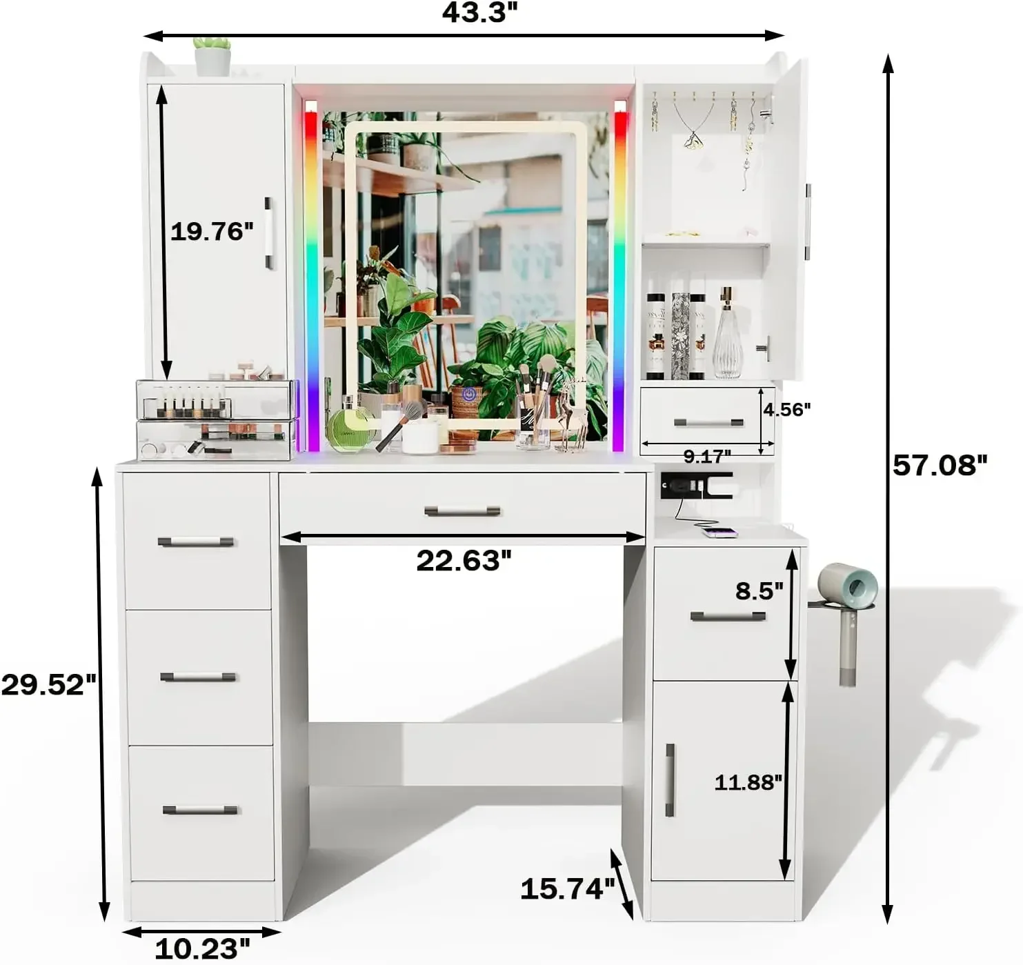 Vanity Desk with Mirror and Lights, 43.3'' Large Makeup Vanity with Ambient Light & Power Outlet, Dressing Table (White)