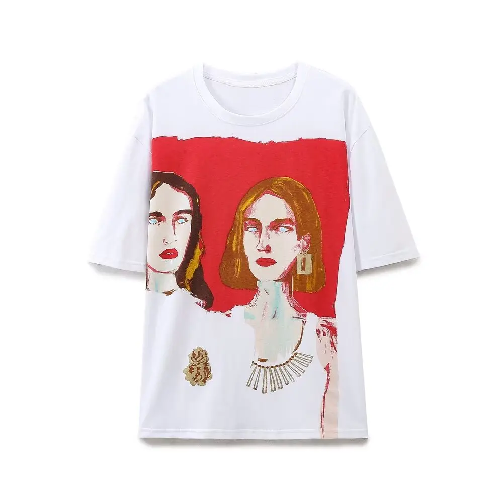 Tangada Women Red Print 85% Cotton T Shirt Oversized Short Sleeve Female Loose Shirt Wear Top 6H334