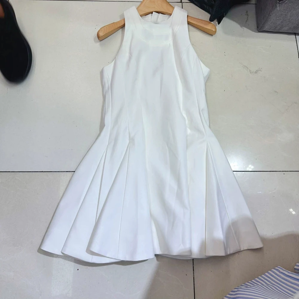 

European, American and Australian French style niche pleated umbrella skirt ruffled vest slim sleeveless dress-GZXX346