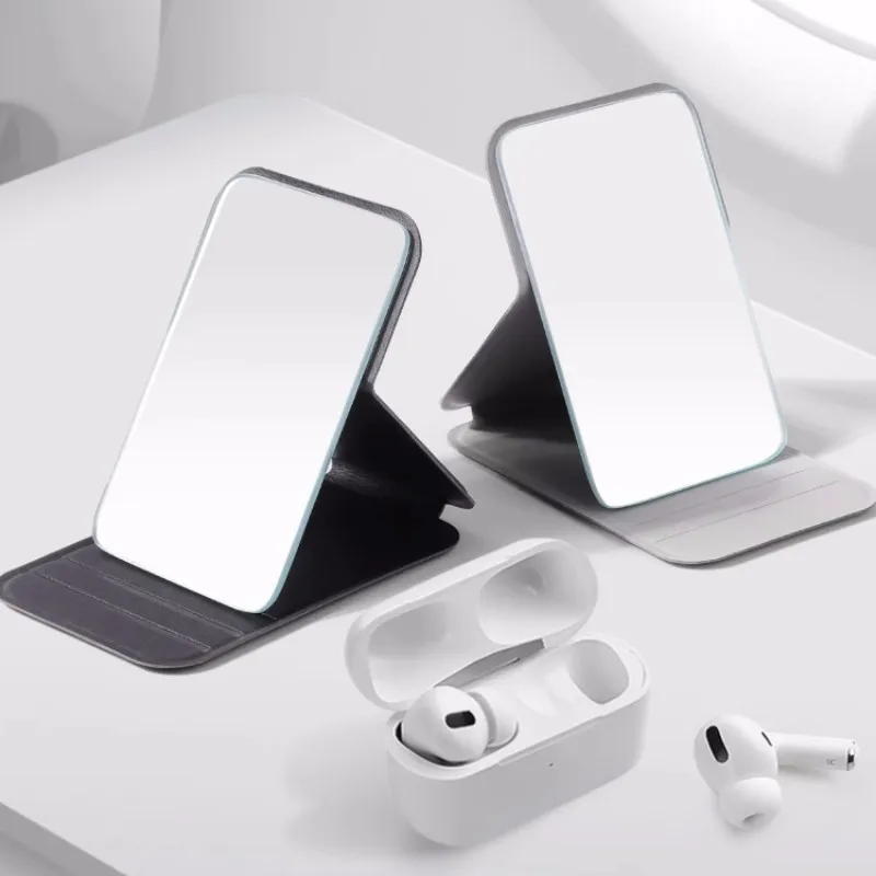 مرآة مكياج صغيرة لسطح المكتب بلون سادة من جلد البولي يوريثان، مرايا مكياج محمولة باليد قابلة للطي، مرآة جيب لطيفة مدمجة للطلاب