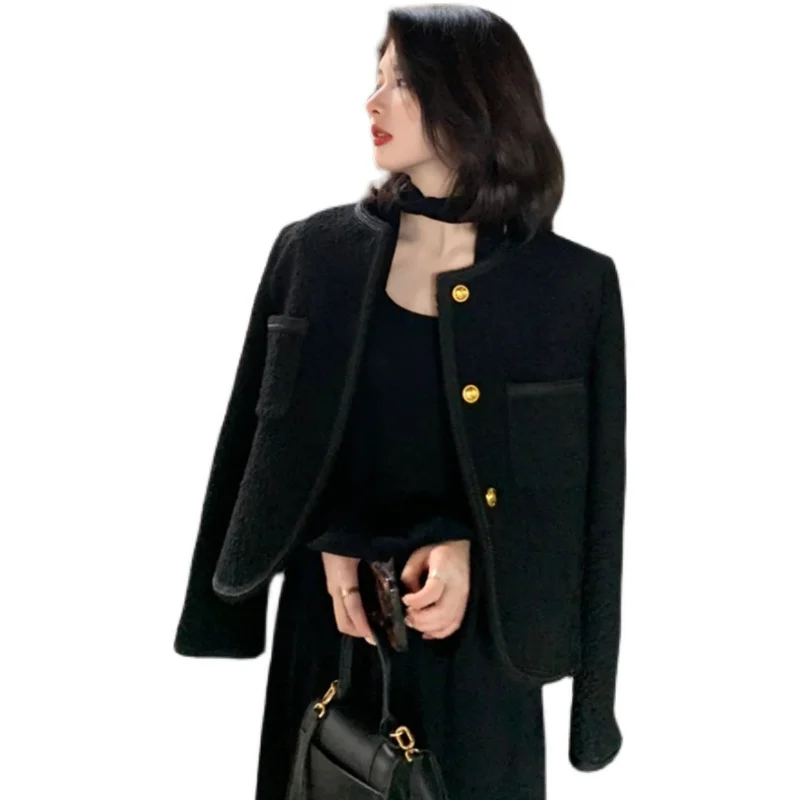 Women Autumn Winter Black Tweed Jacket Short Slim O Neck Casual Office Streetwear Wool Coat Golden Button Korean Style