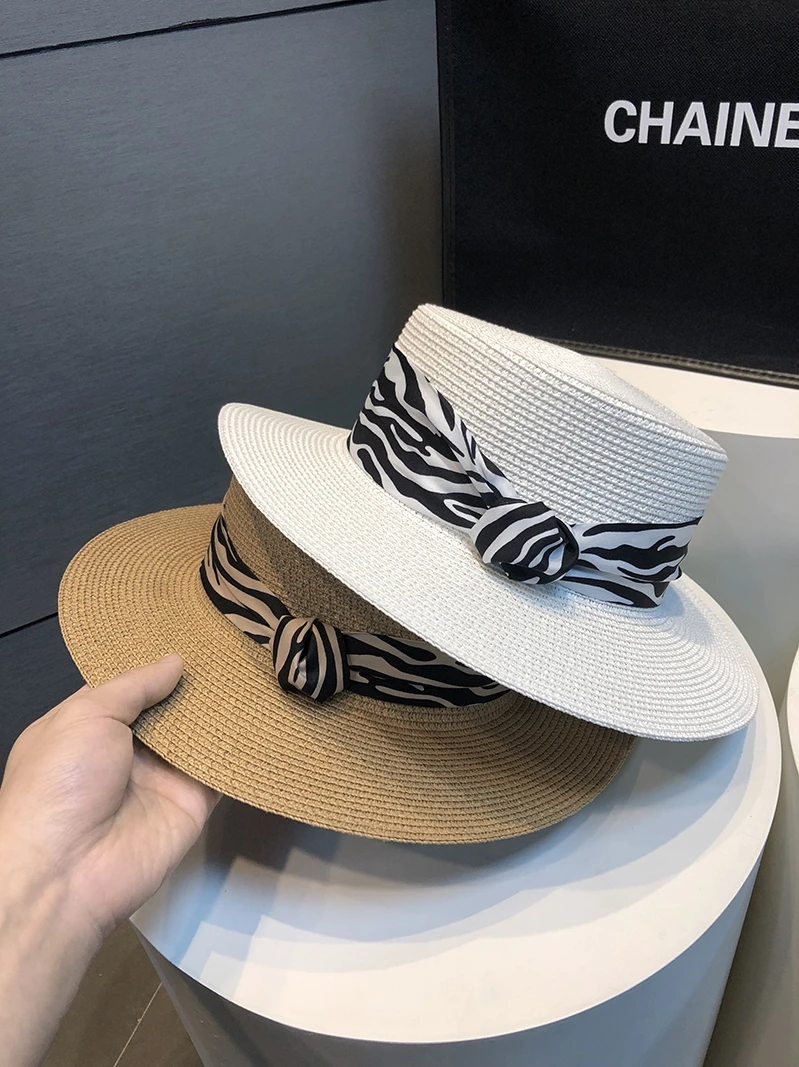 Hats for Women's Flat Top Hat Women's Summer Retro Zebra Patterned Straw Sun Hat Beach Hat Chapeu Panama Feminino