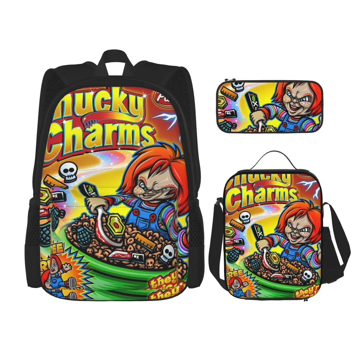 Good Guys Child's Play Chucky Backpacks Boys Girls Bookbag Children School Bags Kids Rucksack Lunch Bag Pen Bag Three-Piece Set