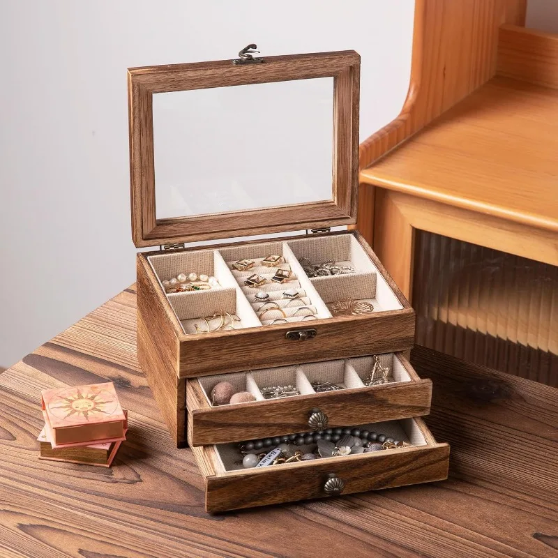 Caja de joyería de madera maciza, baratijas portátiles, cajas de almacenamiento para exhibición de joyería, organizador de pendientes, soporte para anillos, escaparate, caja de pulseras