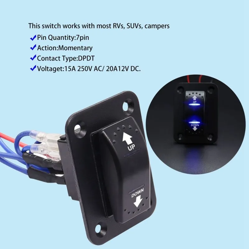 

A25F-20A 12V Polarity Reversing Momentary Rocker Switch DC Motor Control 7Pin With Blue LED Winch In/Out