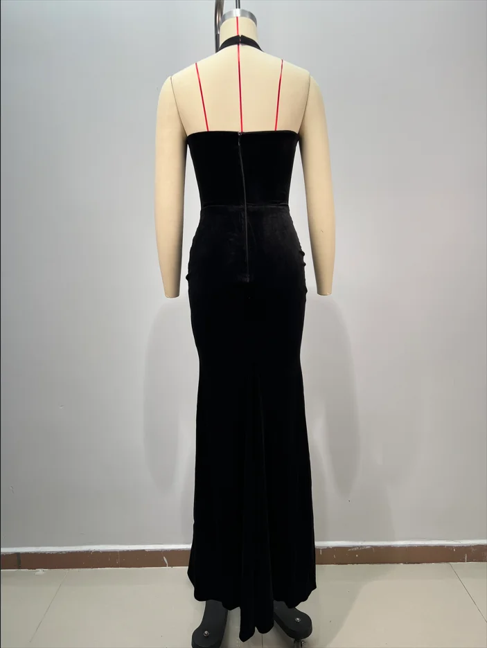 Damen-Verband, mit Kristallen verziertes Neckholder-Kleid mit transparentem Oberteil, sexy schwarzes Meerjungfrau-Abendkleid, rückenfreies Ballkleid