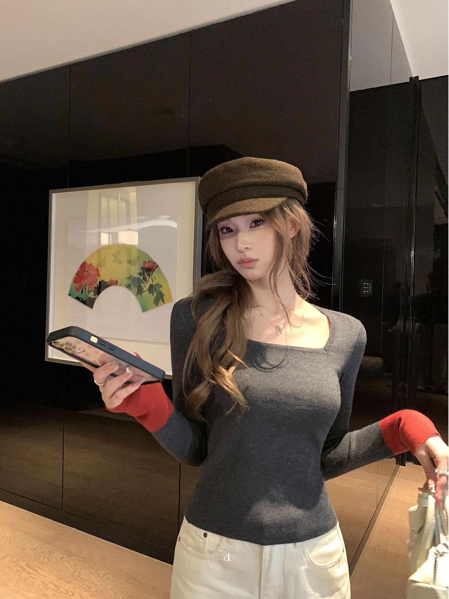 

ChenMiFan Knitted Long Sve Square Collar Slim Fit Base Layer Top for Women Casual Sle Color Blo Design Nylon Fabric