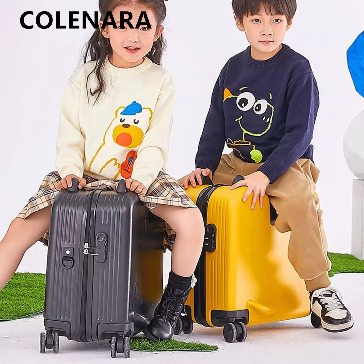 COLENARA Suitcase New Children Boarding Box ABS + PC Luggage 20 Inches Can Sit Lightweight Password Box with Wheel Luggage