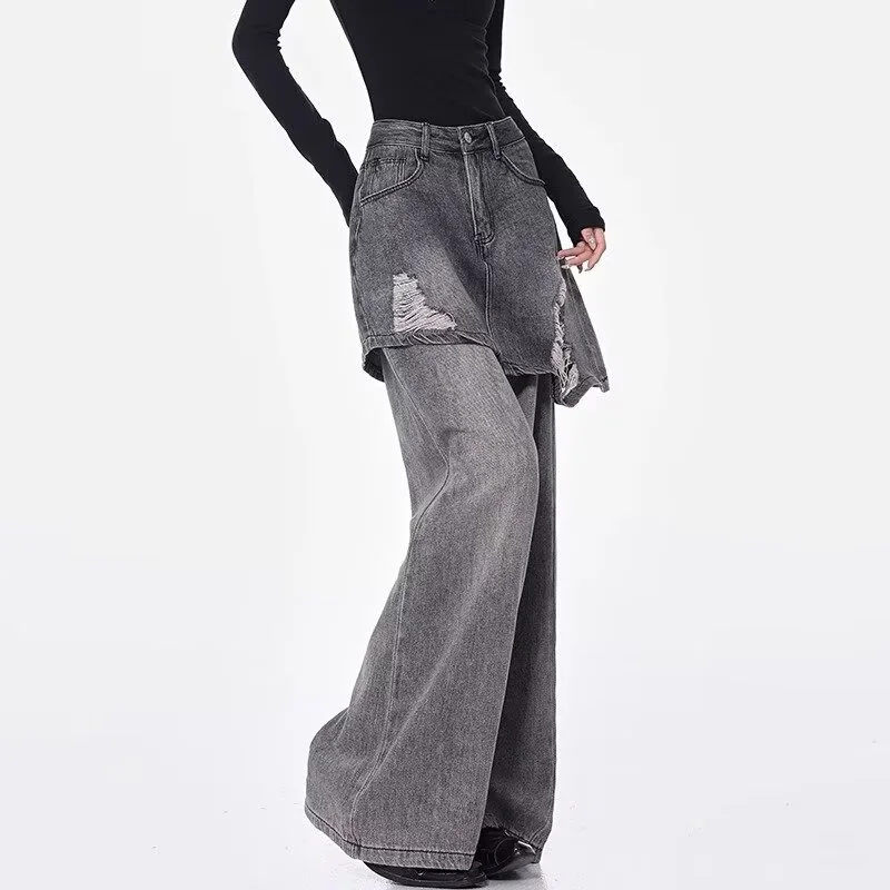 2025 Trashy Y2K Style Tierred Washed Grey Baggy Ripped New Jeans Pants For Women 90S Vintage Clothes Casual Lady Cotton Trousers