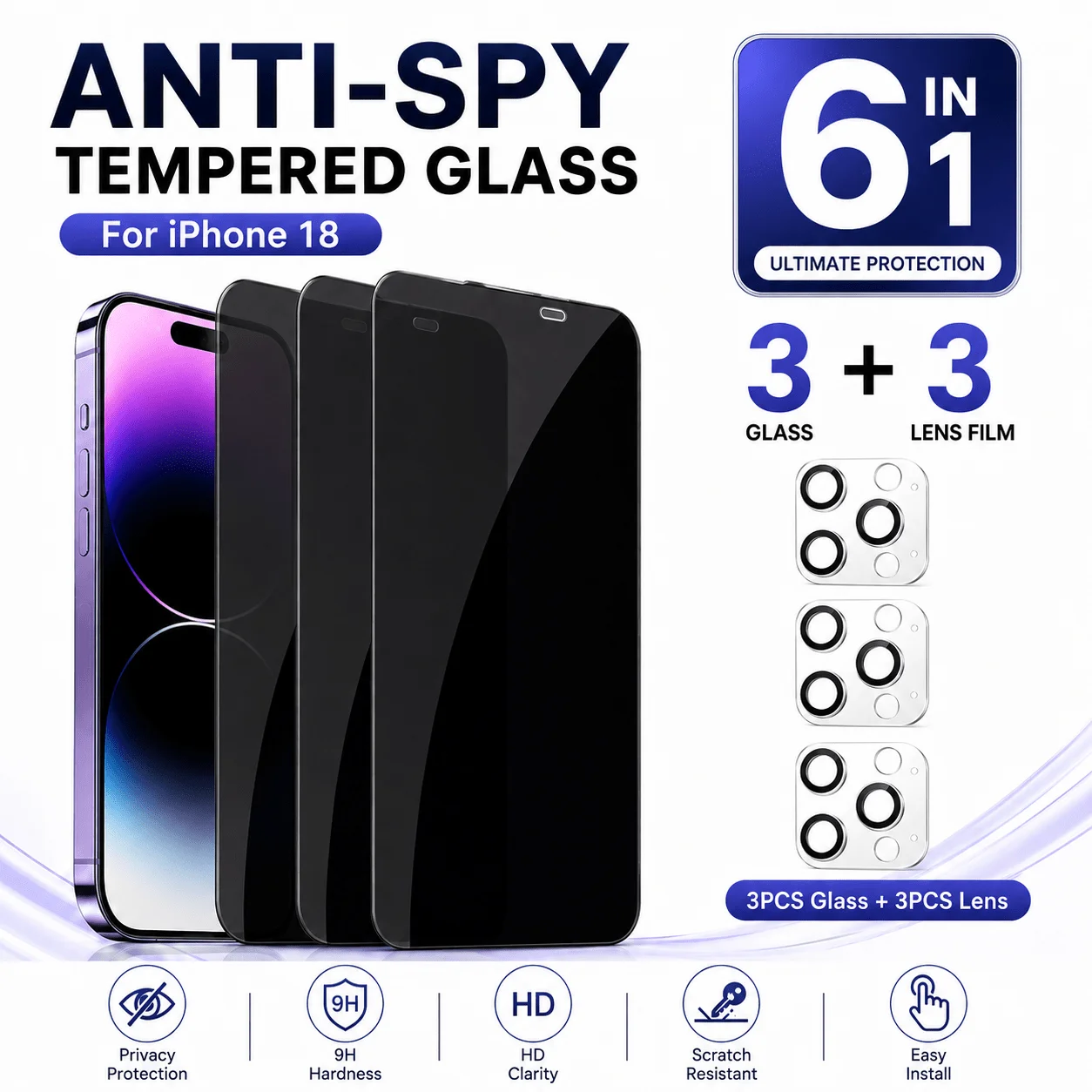 3pcs Privacy Tempered Glass Screen Protectors And 3pcs camera Lens Protectors for Iphone 11 12 13 14 15 16 17 18 Pro/Pro Max