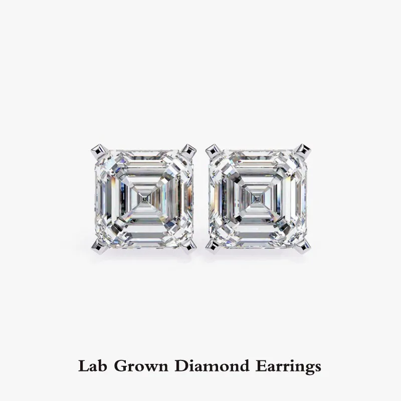 IGI Certificate 14K Gold Stud Earrings 1-1.5Ct Each Asscher Cut EF-VS CVD HPHT Lab Grown Diamond Solitaire Studs Gift for Her