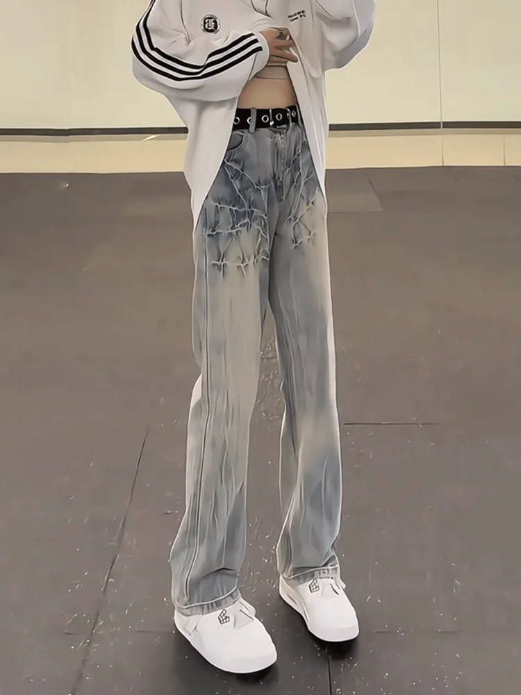 

Cleanfit Light Blue Lightning Pattern Men's Jeans Straight Leg Flared Pants American Sle High Street Autumn Winter Trousers