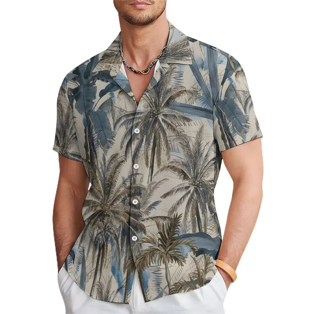 Camisa casual manga curta listrada de bambu folha masculina, palma de coco havaiana, nova moda, verão