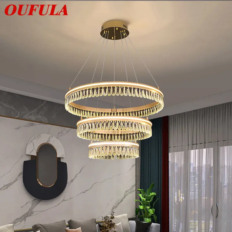 

OUFULA Hanging Crystal Pendant Light Modern Vintage LED Luxury Ring Chandelier Home Decor For Living Room Villa Duplex