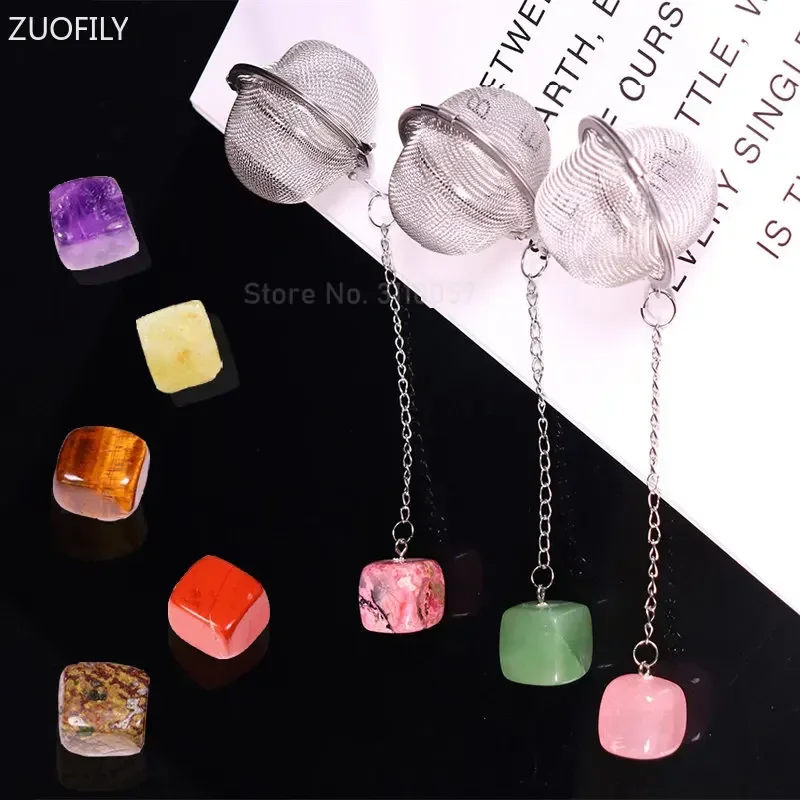 

New Natural Crystal Square Stone 304 Stainless Steel Tea Infuser Mesh Filter with Chain Tea Strainer Teapot Spice Seasoning Ball