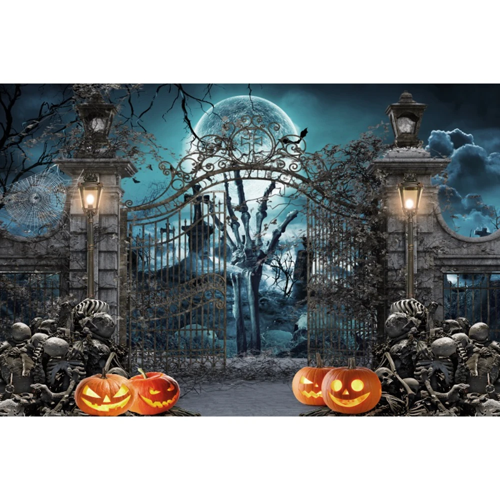 خلفية الهالوين للتصوير الفوتوغرافي لجمجمة الرعب واليقطين والأيدي الدموية لخلفية راية ديكور الحفلات توريد جدار كشك الصور