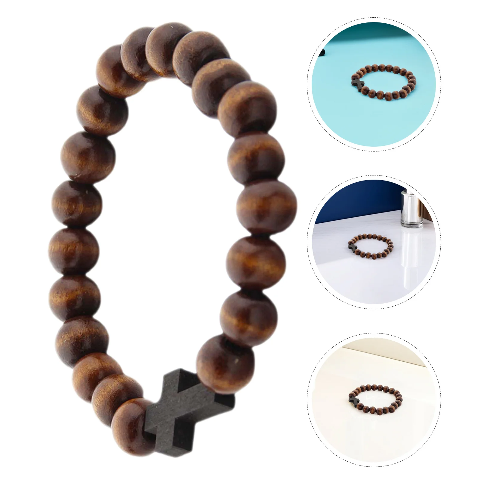 สร้อยข้อมือลูกปัดไม้ทำมือ 5 ชิ้น พร้อมจี้ไม้กางเขน สำหรับสื่อถึงศรัทธาทางศาสนา คริสต์นิกายคาทอลิก  เหมาะสำหรับผู้ชายและผู้หญิง
