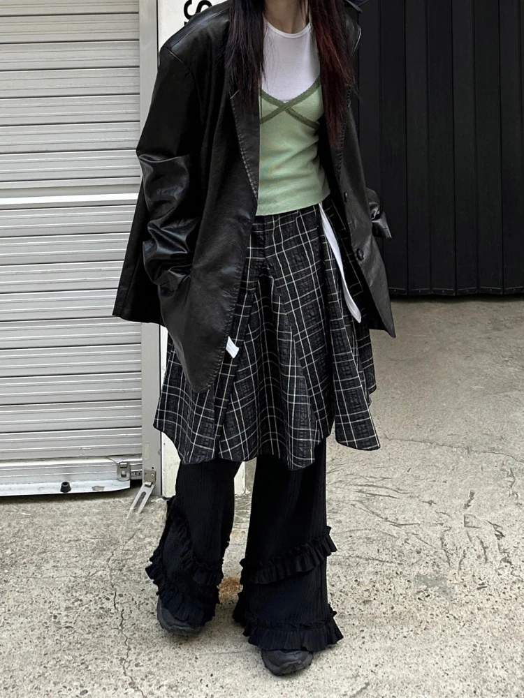 

Casual Midi Skirt Korean Sle Unusual Plaid Summer Vintage f-length Pleated Loose Fit Commute Regular Thin mid Waist
