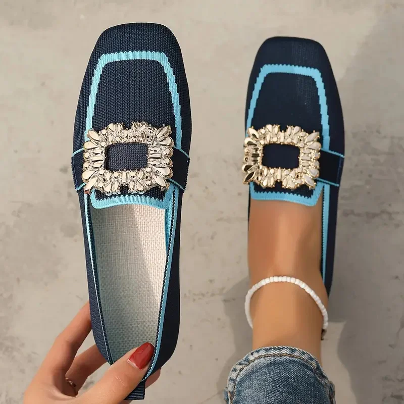 Women Flats Spring 2025 New Large Size Flat Loafers Shoes Women Knitting Slip-on Square Head Breathable Fashion Shoes for Women image 5