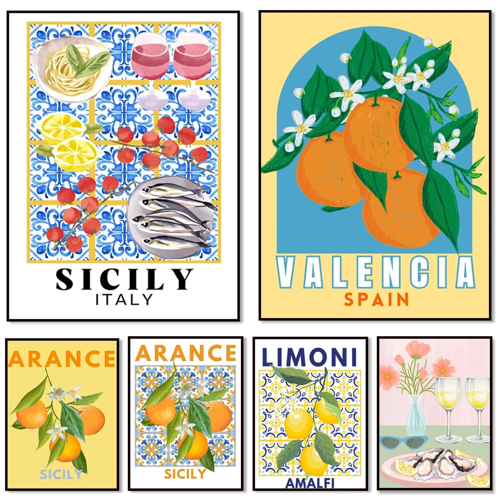 Comida y vino, cítricos italianos Amalfi, rama de limón, limón Sorrento, naranja Valencia, Mediterráneo, cartel de mosaico siciliana