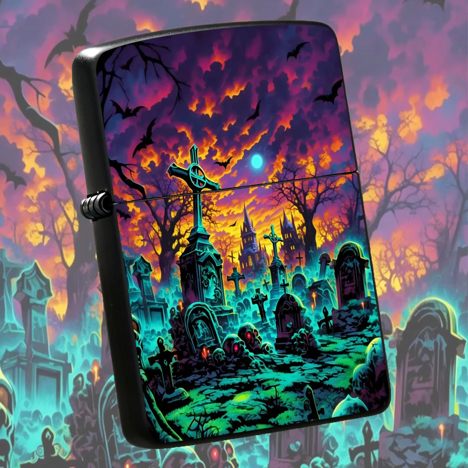Fantasy Glowing Graveyard Themed Lighter, Spooky Neon Cemetery Art Portable Igniter, Vibrant Gothic Sunset Bat Scene Decor, Versatile For Daily Use Halloween Parties, Unique Eye-Catching Gift For Art Lovers And Gothic Enthusiasts A Humorous