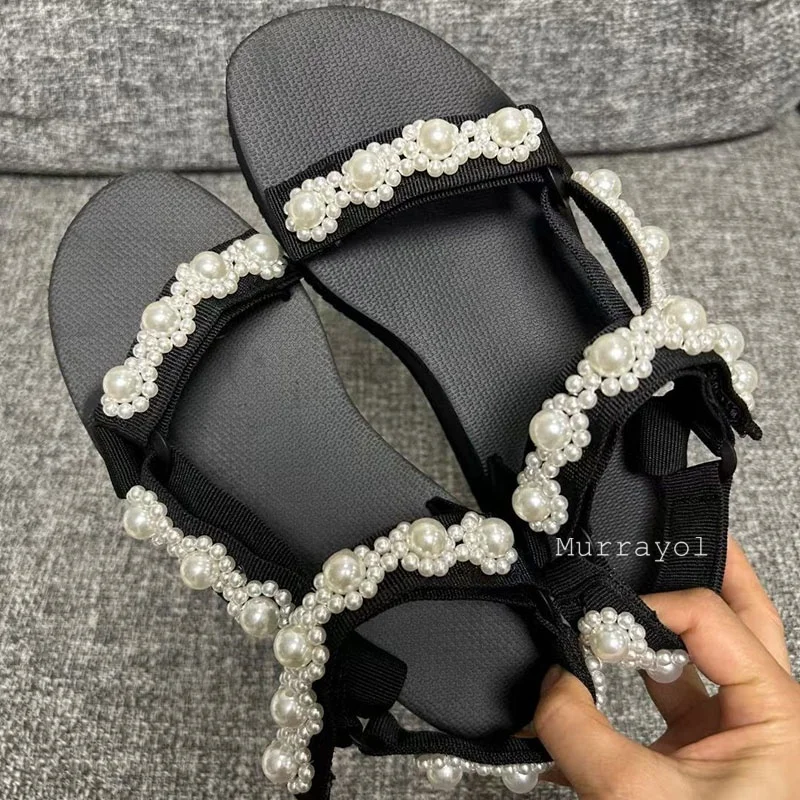 

New Gladiator Women's Pearl Flower Decor Flat Bottom Sandals OpenToe Thick Sole Sandalias Summer Vacation Sandy Beach Shoes