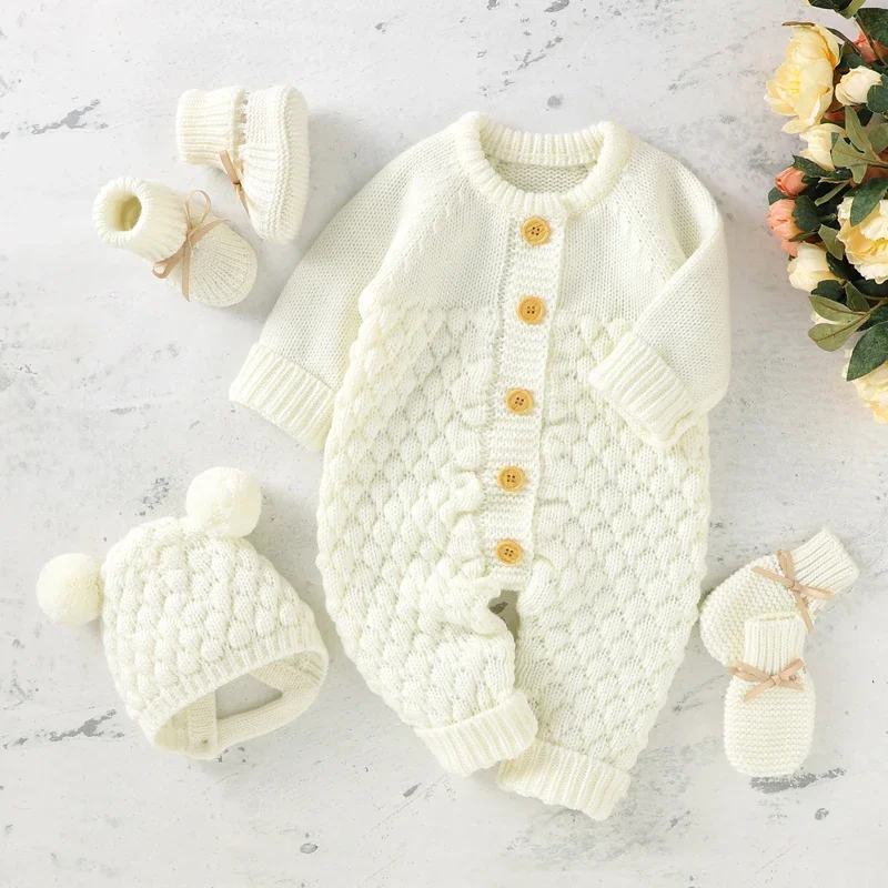 Newborn Baby Clothes Set Knitted Infant Girl Boy Romper +Hat +Gloves +Shoes Fall 4PC Long Sleeve Jumpsuit Outfits +Mitten +Boots