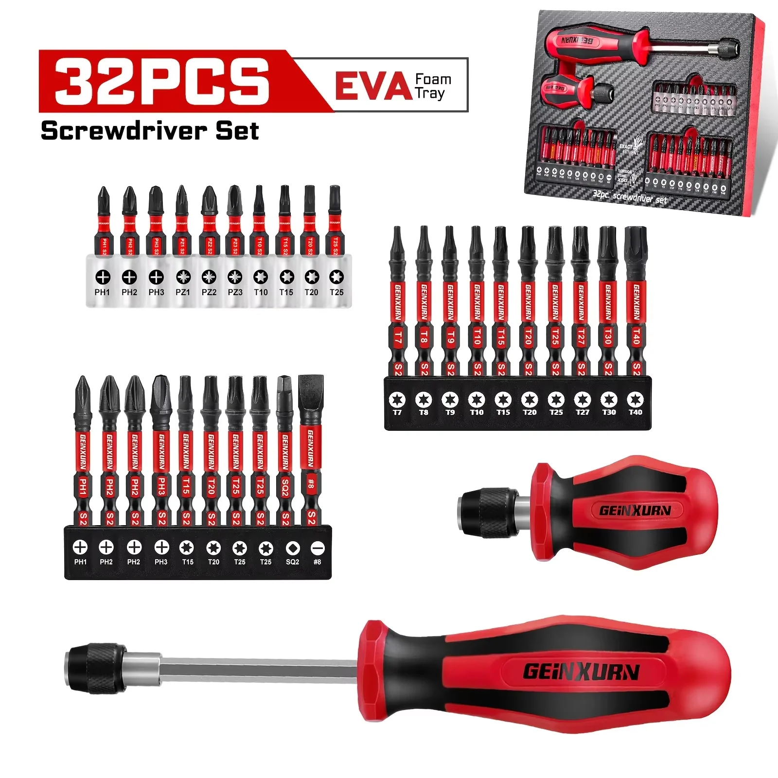 GEINXURN 32pcs Multifunctional Screwdriver Set, Magnetic S2 Steel Bits (PH, PZ, Torx, SQ, SL), Motorcycle Repair Tools