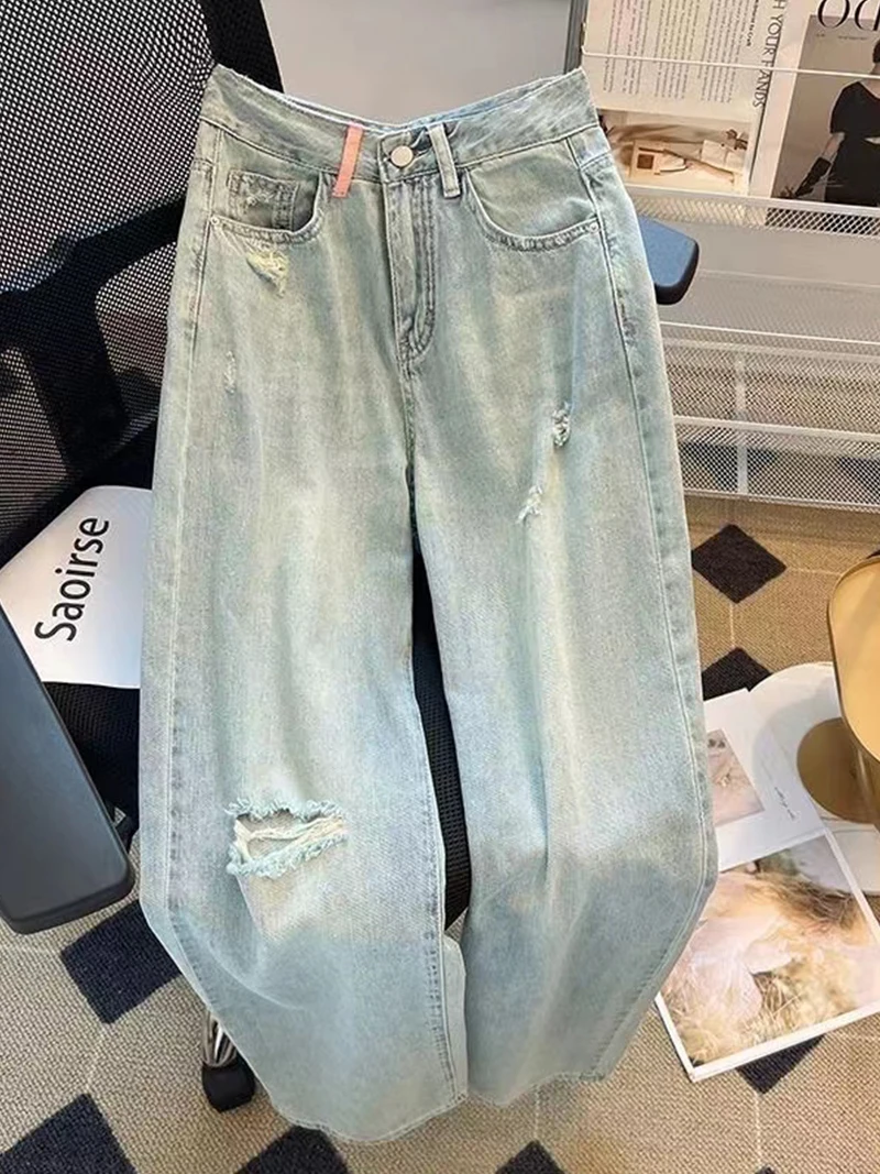 

Мужские свободные джинсы прямого кроя 2024 года, летние, повседневные, со средней посадкой, на молнии, классические синие, с эффектом потертости, в стиле High Street