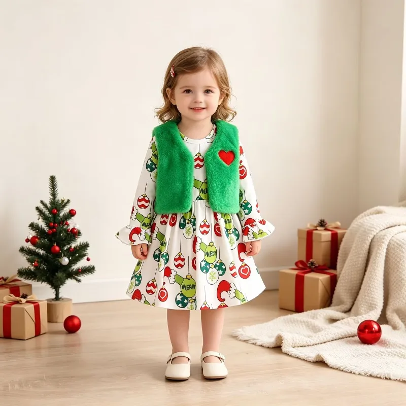 Newborn Infant Baby Girls Christmas Outfit Santa Tree Print Dress With Green Fluffy Vest Heart Holiday Clothes 0 24M