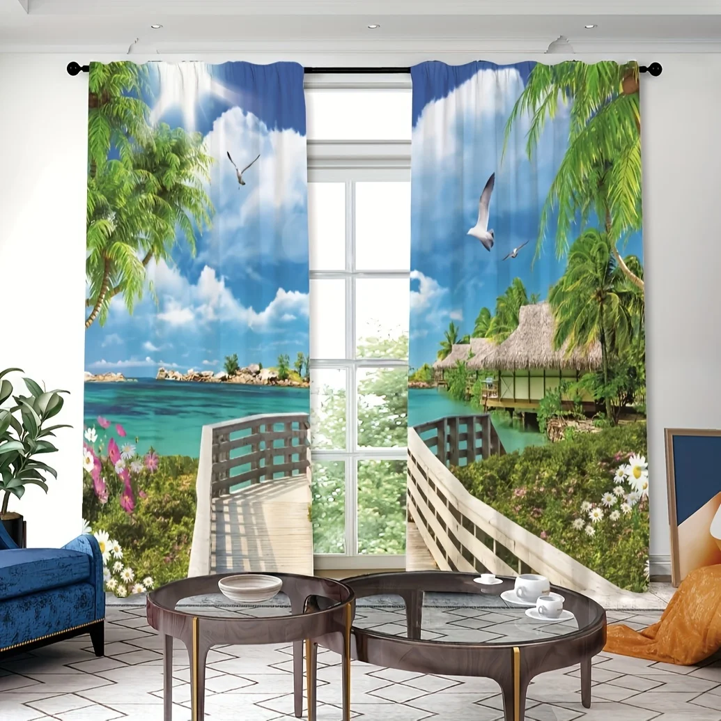 2pcs Island Landscape Printed Translucent Curtain Living Room Game Room Bedroom Multi-scene Polyester Rod Pocket Decor cortinas