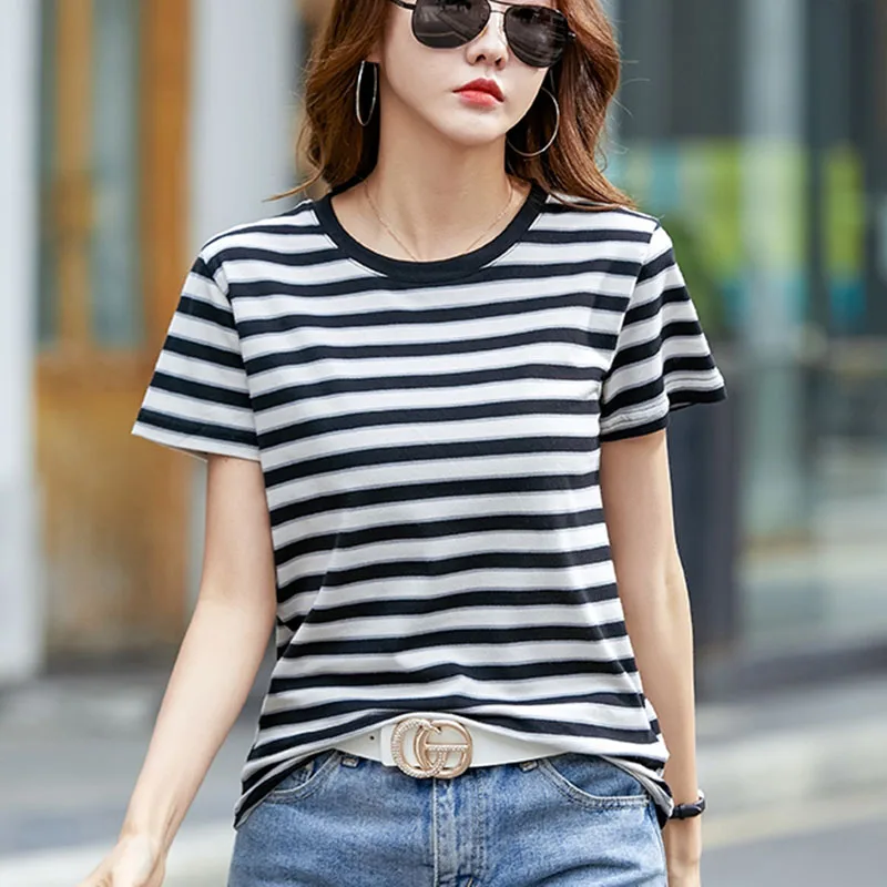 Striped Short Sleeve T-shirt For Women 2025 Summer Clothing O Neck Tees Casual Cotton Tshirts Woman Loose Tops Mujer Camisetas