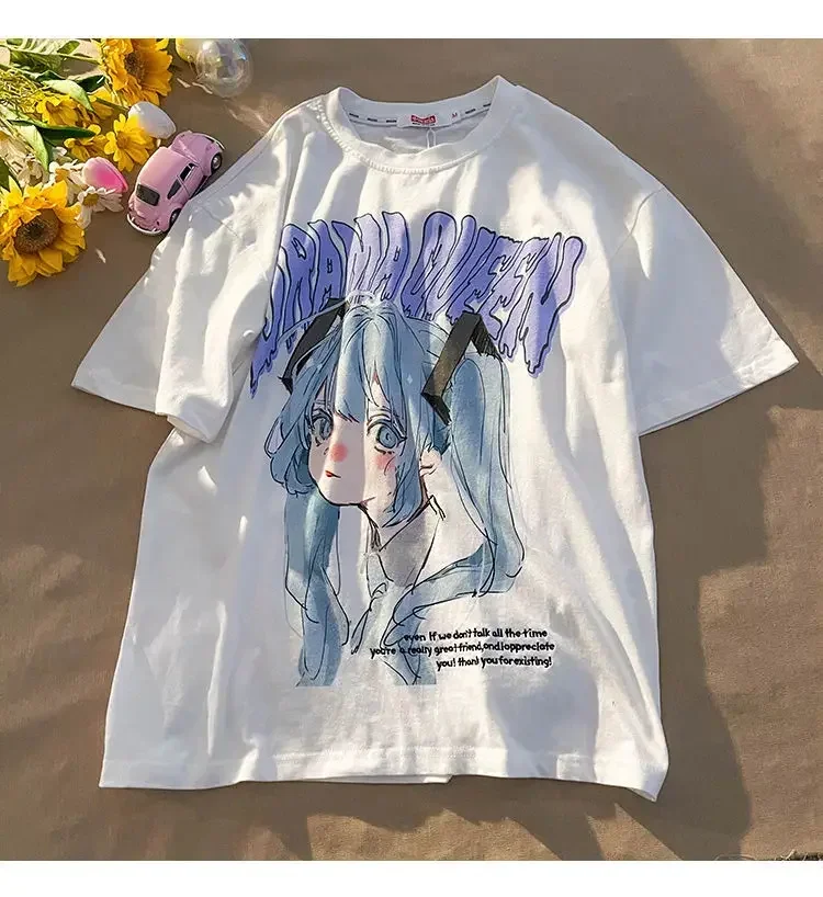 Camiseta con estampado de Anime Harajuku para mujer, camisetas holgadas de manga corta Y2k estéticas Kawaii, camiseta de gran tamaño a la moda