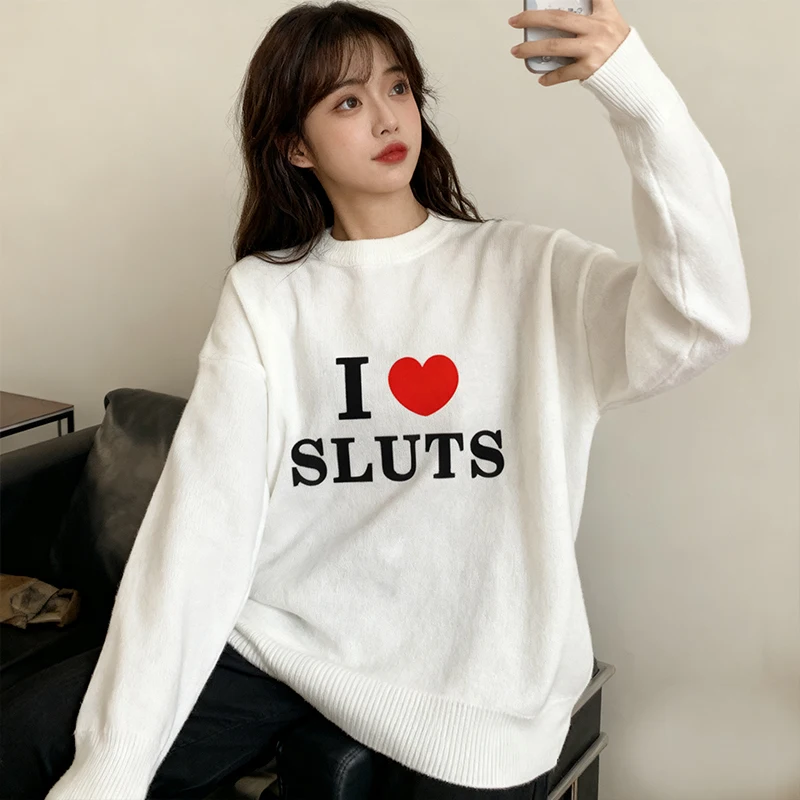 Y2k Letter Pattern Print Knitted Sweater Women's Casual Round Neck Short Pullover 2025 Female Daily Street Sweaters Autumn