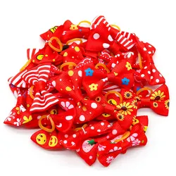 10/20/30pcs Red Series Dog Hair Bows Dog Bowknot Flower Print Grooming Dog Bows with Rubber Bands for Small Dog Pet Accessories