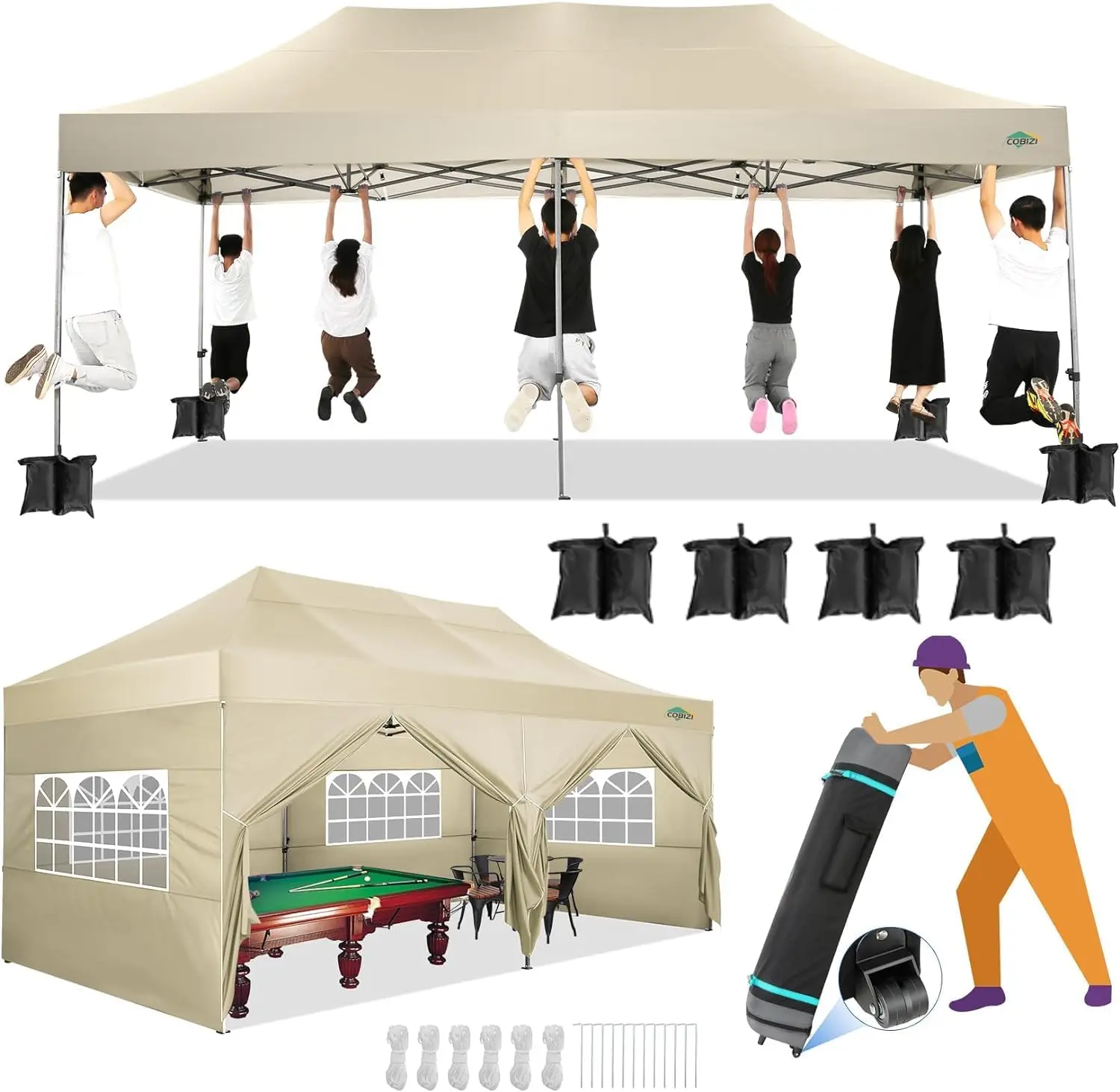 COBIZI 10x20 Heavy Duty Canopy with Sidewalls, Pop Up Party Tent for Weddings & Events, Portable with Wheeled Bag, Khaki Upgrade