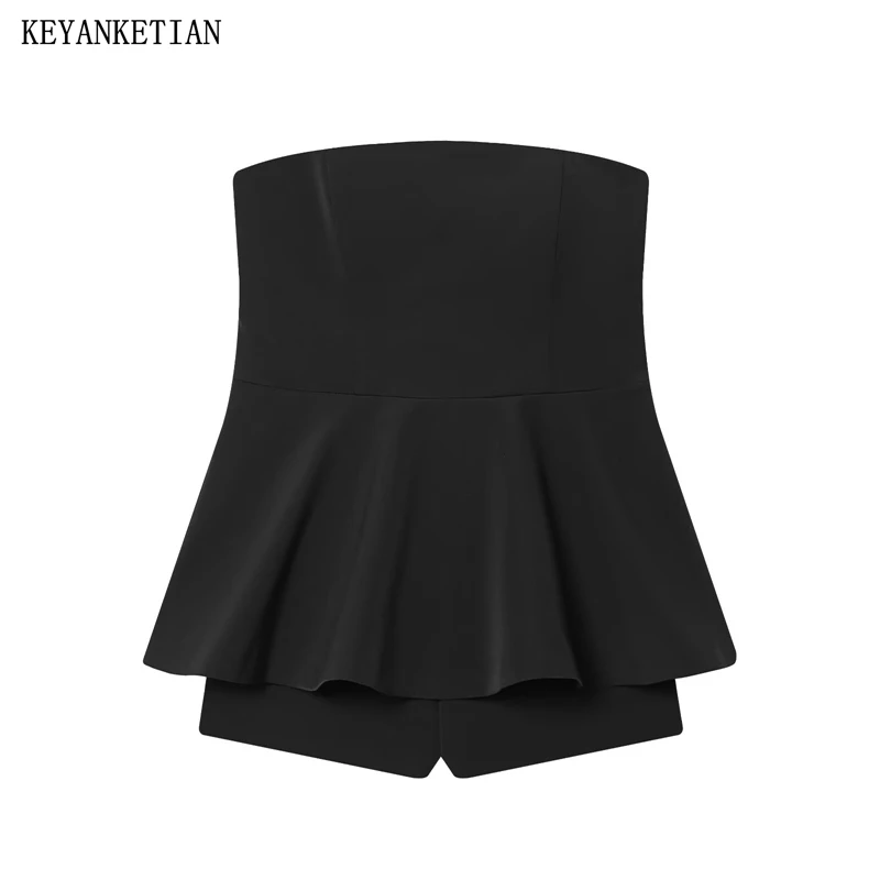 

KEYANKETIAN 2026 Summer New Sexy Black Strapless Peplum Romper Women Sleeveless High Waist Shorts Jumpsuit Nightclub Outfit