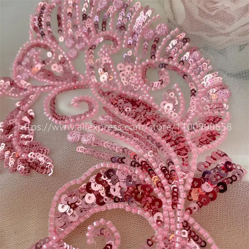 Large Front and Back Beaded Lace Applique, Pink, Shiny Opening, Tull Embroidery, DIY Wedding Dress, Children\'s Clothing, Sewing