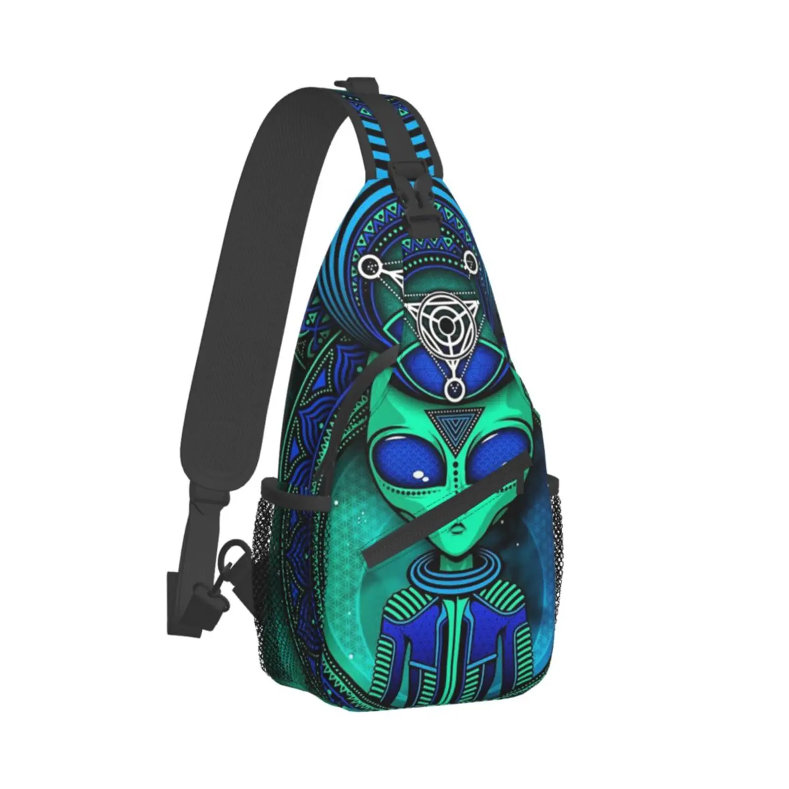 UFO Cool Alien and Triangle In Lotus Crossbody Backpack for Unisex Young Adult Hiking Sling Chest Bag Gym Bag Travel Bag