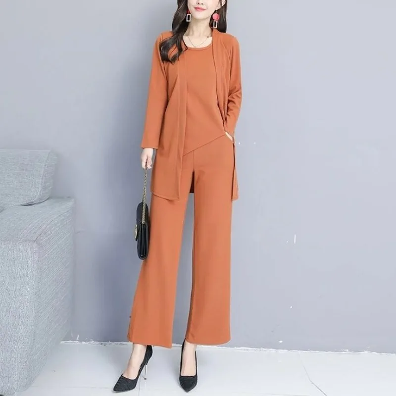 Women\'s Solid Color Round Neck Long Sleeved Two-piece Tops Spring Autumn New Fashion High Waisted Wide Leg Pants Three-piece Set