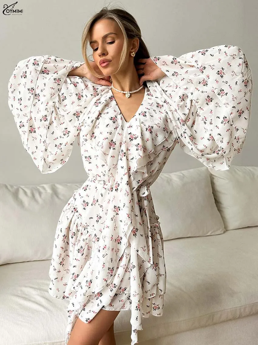 

Oymimi Elegant White V-Neck Women's Dress Fashion Ruffled Petal Sleeve Lace-Up Dresses Casual New Pleated Mini Dress Streetwear
