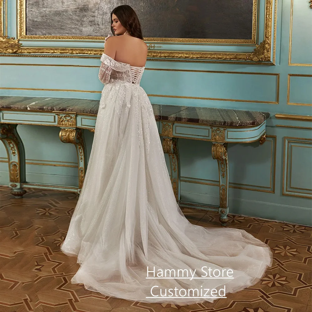 Robe de mariée scintillante grande taille, avec traîne détachable, personnalisée, épaules dénudées, chérie, perles, traîne de balayage, robe de mariée arabe