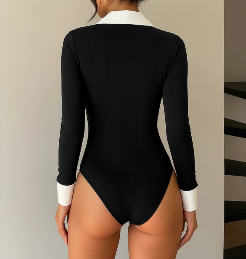 2026 موضة جديدة غير رسمية مثيرة فتاة ساخنة رغبة نقية نمط أبيض وأسود التباين طوق الربط وهمية قطعتين بذلة #4