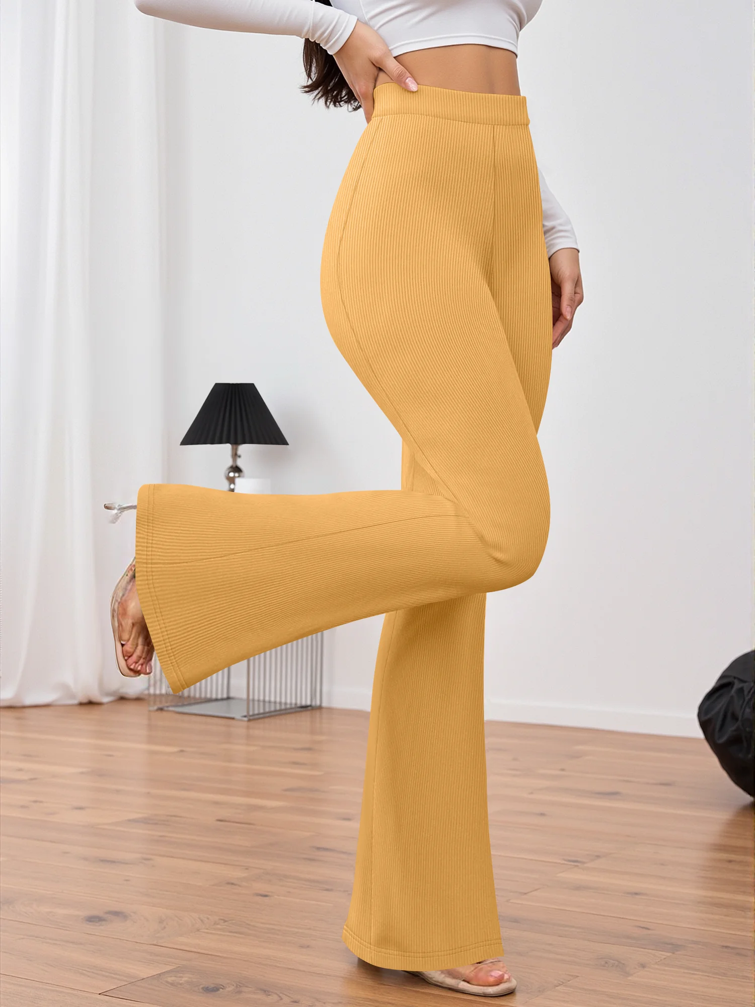Women Elastic Ribbed Knit Flare Pants, High Waist Flowy Bell Hem Long Trousers, Trendy Streetwear for Young Girls Daily Look